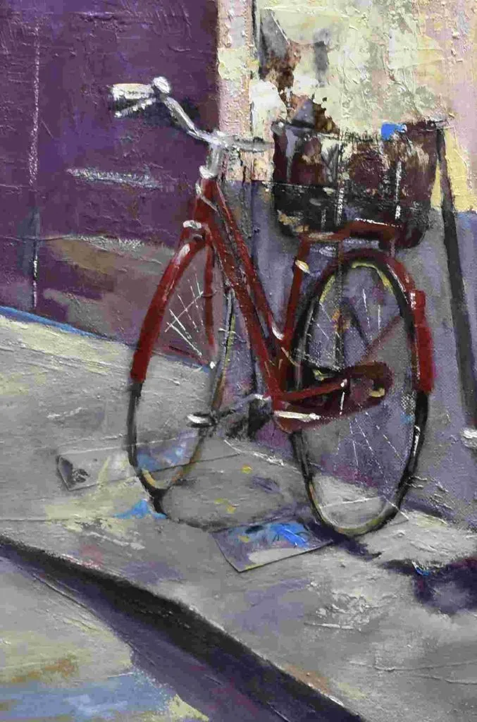 Bicicleta roja, flores y portal oleo sobre lienzo