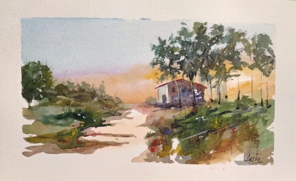 Paisaje rural (atardecer en Torregmones de Sayago) acuarela