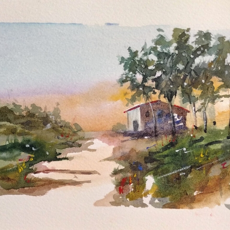Paisaje rural (atardecer en Torregmones de Sayago) acuarela