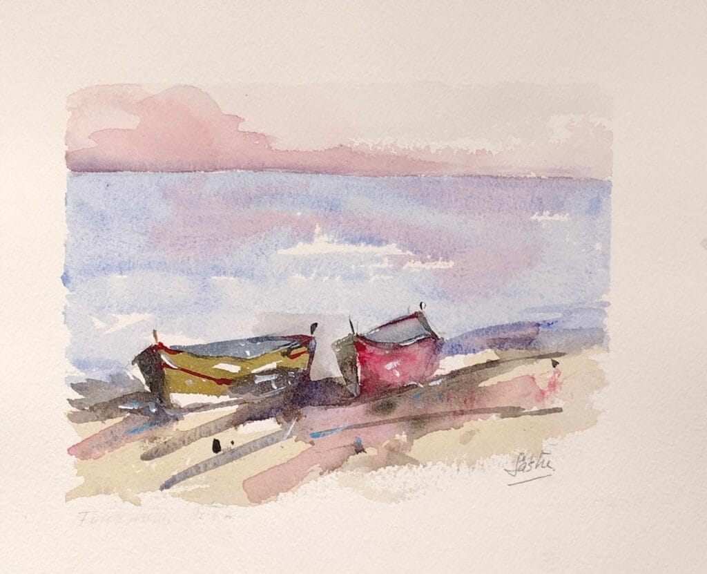 Barcas en la playa, acuarela