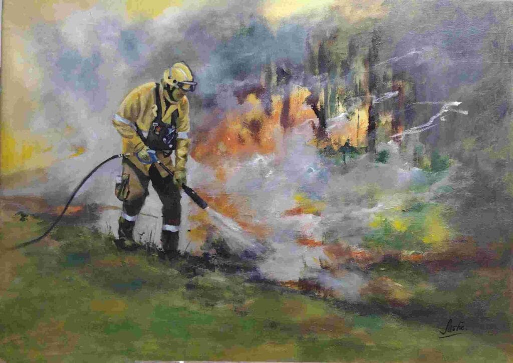 Bombero (siempre habra algun fuego que apagar) oleo sobre lienzo 70 x 100 cm