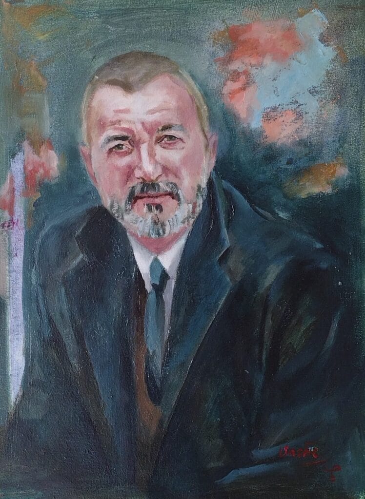Arturo Perez Reverte, oleo sobre lienzo, 40 x 30 cm