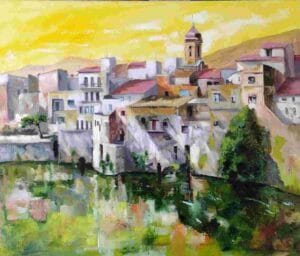 Amposta, oleo sobre lienzo 54 x 65 cm con el cielo amarillo
