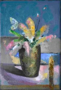 Bodegon con mariposa oleo 35 x 24 cm