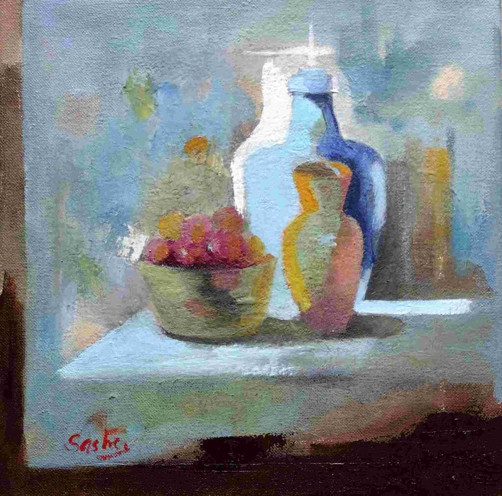 Bodegón de azules, oleo sobre lienzo, 30 x 30 cm