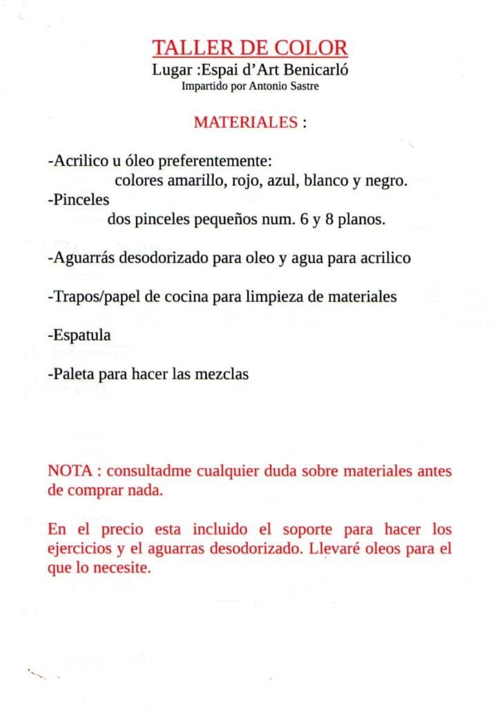 Taller de color en Benicarló, materiales